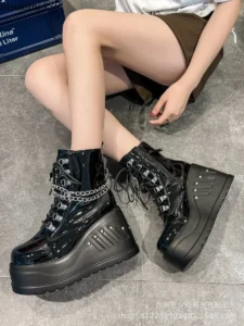 2024 Women's Fashion Boots Plus Size Black Zipper Lace Up Chain Wedge Platform Women Motorcycle Boots Girls Gothic Punk Shoes - Image 2