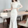 2024 Celebrity Style Vintage 2 Pieces Outfits Women Jacquard Satin Pearl Tassel Short Tops Long Fishtail Skirt Sets Party Prom