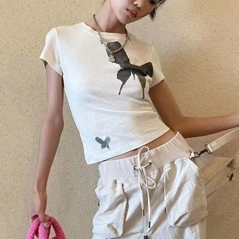 New 2022 Grunge Butterfly Print T-shirts Vintage Gothic Short Sleeve Tshirt Korean Fashion Fairycore Tops Harajuku Japanese 90s