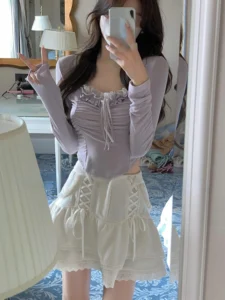2023 Spring Basic Lace Y2k Crop Tops Woman Slim Pure Color Korean T-shirt Office Lady Casual Fashion Clothing Female Design - Image 6