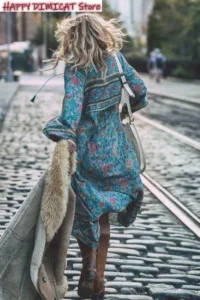 Women Dress Vintage 70S Hippie Deep V Neck Ethnic India Floral Bib Boho Festival Midi Dress - Image 2