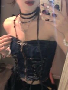 Summer Vintage Y2k Sleeveless Crop Tops Women Backless Sexy Party Denim Corset Women Bandage Korean Fashion Casual Vest 2023 New - Image 5