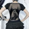 Gothic Fashion Backless Sheer Printed T-Shirt Women O-neck Tees Streetwear Grunge Sexy Mesh T-shirts Slim Alt Tops Y2K - Image 3