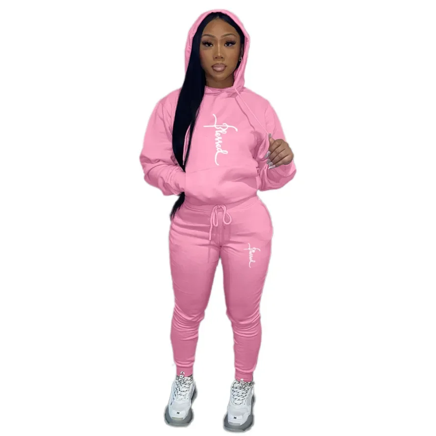 2024 Hoodies Set Fashion 2 Piece Set PINK Letter Print Hooded Sweatshirt And Skinny Stacked Pants Set Sporty Outfit Tracksuit