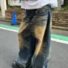 Retro high street large size washed yellow distressed men wide leg jeans American y2k couple straight loose trousers mens jeans