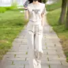 Summer New Casual Short Sleeved 2 Piece Sets Women Outfit 2024 Korean O Neck Letter Tops+Wide-Leg Pants Set Female Tracksuits