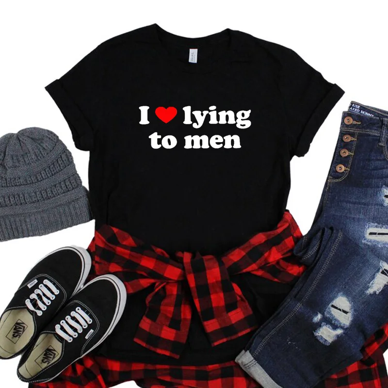 I Love Lying To Men Funny Graphic T Shirts for Women Cotton Black White Colour T-shirt Female Gothic 2000s Fashion Short Sleeved