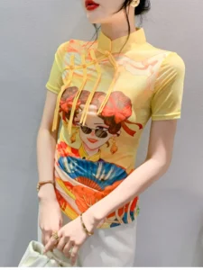 #7032 3D Print Mesh T Shirt Women Short Sleeve Vintage Chinese Style Skinny Vintage Tshirt Female Stand Collar Sexy Thin Summer - Image 5