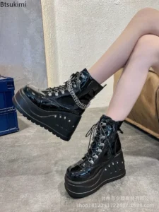 2024 Women's Fashion Boots Plus Size Black Zipper Lace Up Chain Wedge Platform Women Motorcycle Boots Girls Gothic Punk Shoes - Image 3