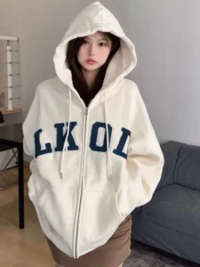 2023 Autumn Women Casual Letters Zipper Hooded Jackets Female Korean Simple Hip Hop Sweatsirts Lady Oversize Pockets Streetwears - Image 3