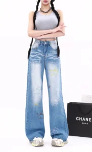 Women Blue Vintage Cartoon Embroidery Cowboy Pants 2024New models Harajuku Streetwear Sagging sensation niche High waisted jeans - Image 2