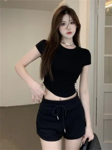 Girls Sweet Sexy Elastic Slim Fit Knitted Short Sleeve Tops Korean Street Wear Hip hop dancing Short T-shirt Large Basic T-shirt - Image 5