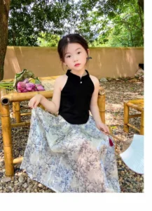 Children's Clothing Sets Sleeveless Tank Top Chinese Ink Painting Printed Pleated Skirt Girls Clothes Set 3 To 7 Years - Image 5