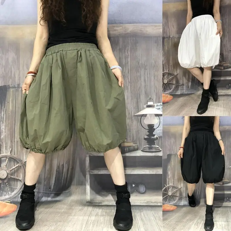 Summer Thin Cotton Five Quarter Pants Female Oversized Loose Wide Leg Pants Simplicity Pocket Elastic Waist Fashion Bloomers