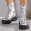 Winter Silver Crystal Thick Sole Ankle Boots Women's Gothic Thick Sole Motorcycle Boots Women's Luxury Rhinestone Punk Shoes - Image 2
