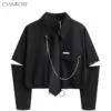 Fashion Punk Style Women Shirt Gothic Harajuku Dark Tie And Chain Long Sleeve Split Goth Design Streetwear Blouse Girl Crop Top