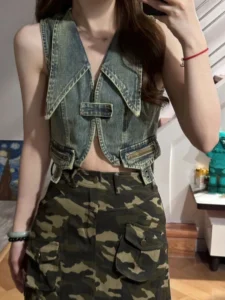 Turn Down Collar Zipper Harajuku Jeans Tanks Korean Summer Slim Crop Top Y2k Aesthetic Streetwear Japanese Tank Tops for Women - Image 3