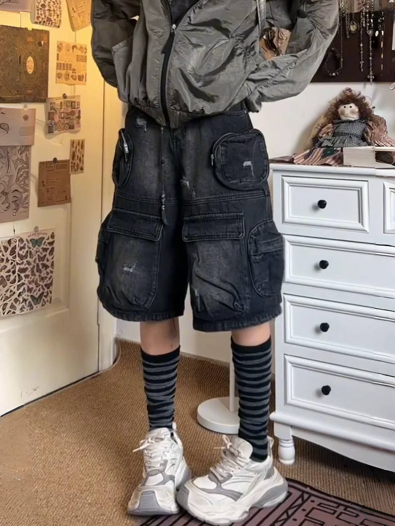 American street oversized washed vintage multi pocket women workwear denim shorts high waisted straight leg pants