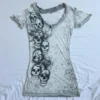 E-girl Gothic Grunge Skull Print Tshirt 2000s Retro Emo Short Sleeve Slim Fit Tees Graphic Tie Dye V Neck Crop Tops Y2K Clothes - Image 3