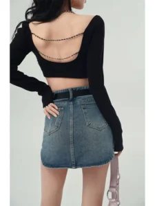Black Y2k Crop Tops Women Backless Casual Long Sleeve Tees Pure Color T-shirts Office Lady Korean Knitted Bloused Female Sexy - Image 2