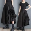 #3012 Spring Summer Black Vintage Midi Skirt Women Irregular A-line Skirts Spliced Floral Elastic High Waist Skirts Gothic Loose - Image 4