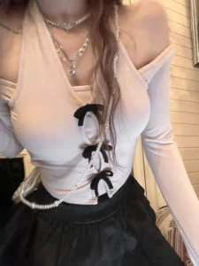 Fake Two Pieces Set Sweet Bow Patchwork T-shirt Korean Fashion Long Sleeve Y2k Aesthetic Top Women Off Shoulder Sexy Halter Tees - Image 3