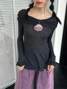 Yedinas Vintage T Shirt Women Clothes Long Sleeve Off Shoulder Korean Fashion Flower Y2k Tees Ladies Tops Autumn Chic Tshirts - Image 4