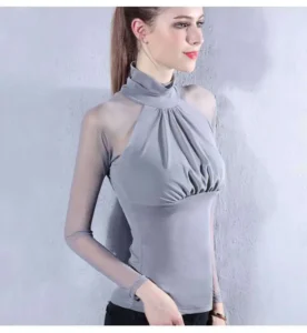 New Turtleneck Temperament Slim Mesh Bottoming Shirt Women Slim Elastic Mesh Long Sleeve T-shirt Ladies Silk Lace Top Blusa - Image 4