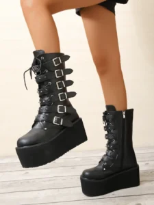 Plus Size43 Platform Boots Gothic Boots Lady Buckle Autumn Shoes Women Knee High Boots Punk Street Cosplay Botas Motorcycle - Image 3