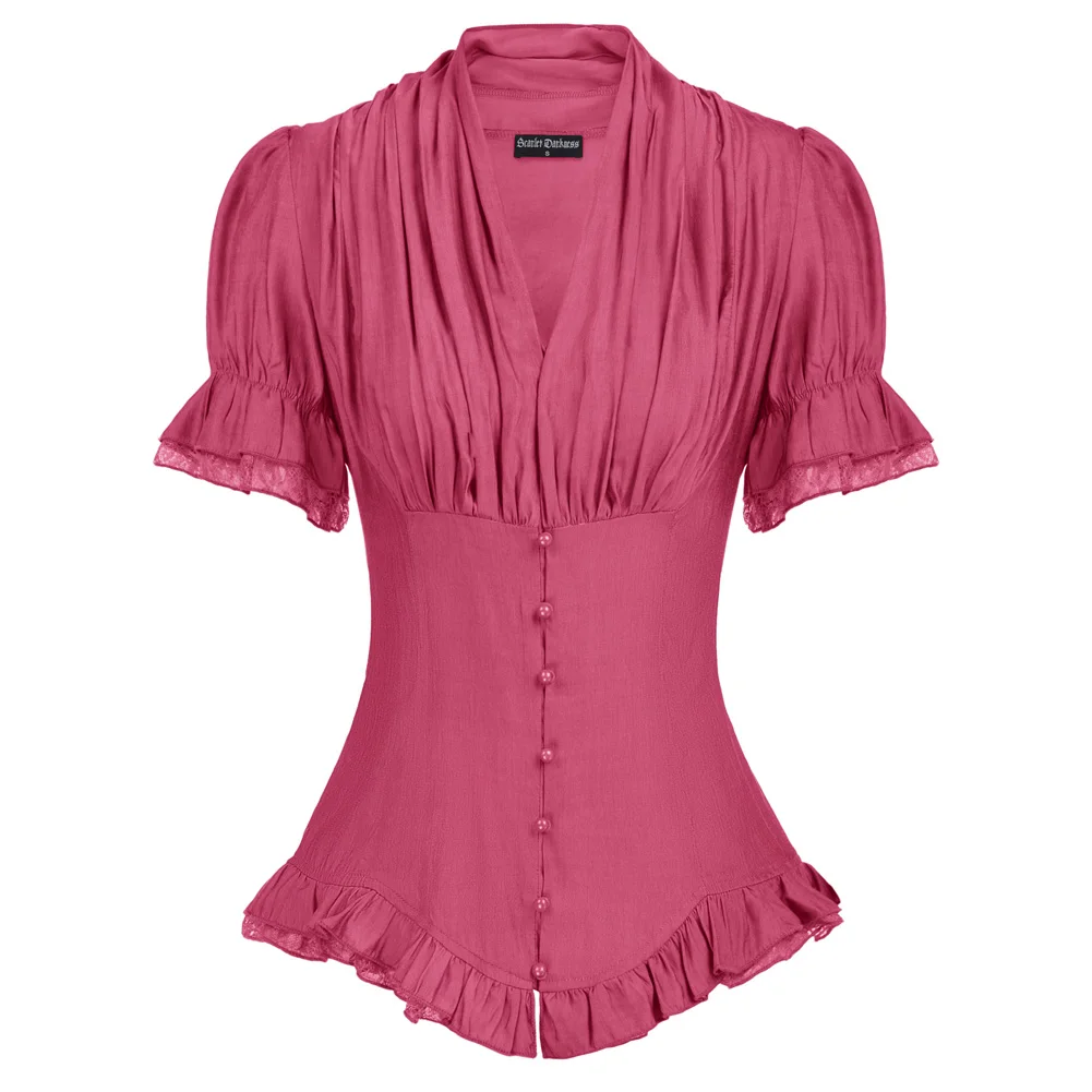 Summer Women Shirts Vintage Renaissance Tops Short Sleeve V-Neck Buttons Decorated Solid Fitting Party Clubwear Ruffled Blouse