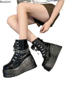 2024 Women's Fashion Boots Plus Size Black Zipper Lace Up Chain Wedge Platform Women Motorcycle Boots Girls Gothic Punk Shoes - Image 5