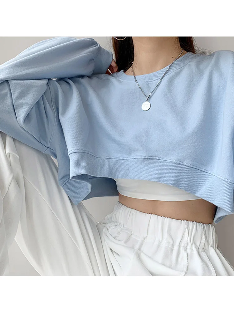 Korean Fashion Y2K T-shirt Woman Solid Sexy Loose Crop Top Women O-Neck Long Sleeve Y2K Vintage Street wear Gothic Clothes