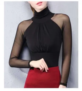 New Turtleneck Temperament Slim Mesh Bottoming Shirt Women Slim Elastic Mesh Long Sleeve T-shirt Ladies Silk Lace Top Blusa - Image 5