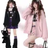 Sweet Cool Girl Students Pink Black Zipper Hoodie Coat 2024 Spring Fall Women's Loose All-Match Hoodie Casual Jackets