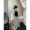 Children's Clothing Sets Sleeveless Tank Top Chinese Ink Painting Printed Pleated Skirt Girls Clothes Set 3 To 7 Years - Image 2