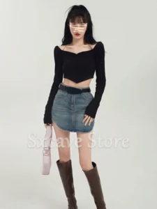 Black Y2k Crop Tops Women Backless Casual Long Sleeve Tees Pure Color T-shirts Office Lady Korean Knitted Bloused Female Sexy - Image 5