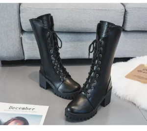 luxury 2024 New Winter Motorcycle Boots Buckle Women British Style Mid-calf Women's Short Boot Gothic Square Heel Women Shoes - Image 3