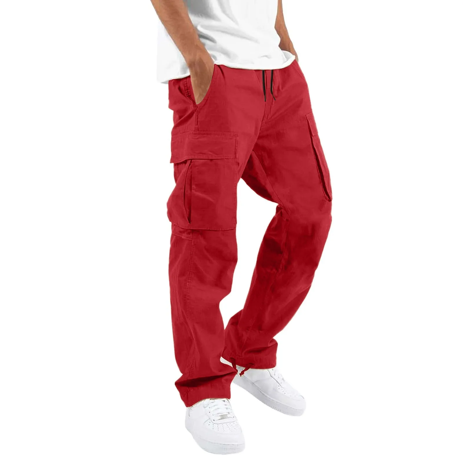 Red Cargo Pants Male Multi Pockets Elastic Drawstring Sports Cargo Trousers Men's Solid Color Streetwear Floor Length Pants