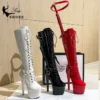 Women Erotic Red T-tied Knee-High Boots Pole Dancing Fashion Boots Zip Stiletto Gothic Fetish Long Boots Stripper Shoes - Image 3