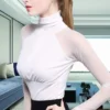 New Turtleneck Temperament Slim Mesh Bottoming Shirt Women Slim Elastic Mesh Long Sleeve T-shirt Ladies Silk Lace Top Blusa - Image 2