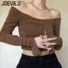 JOEVILU Skinny Top Off Shoulder Sexy T-shirt Spring and Autumn Babes Versatile Bottoming Shirt Women Korean Style Y2k Crop Tops - Image 5