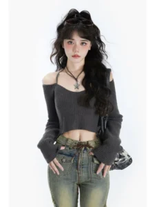 Long Sleeve Sweaters Off Shoulder Y2k Aesthetic Fairy Grunge Grey Cropped Sling Tops Korean Style Kittted Hotsweet Clothing - Image 4