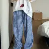 ADAgirl Blue Plaid High Waist Pants Women Y2k Fashion Loose Street Straight Wide Leg Kpop Trousers Hip Hop Causal Summer Bottoms