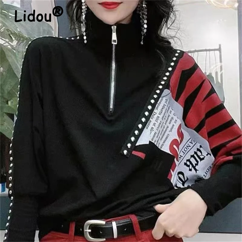 2024 Spring Autumn Women Fashion Print Rivet Half Zipper Sweatshirts Female Casual Stand Collar Long Sleeve Loose Pullover Tops