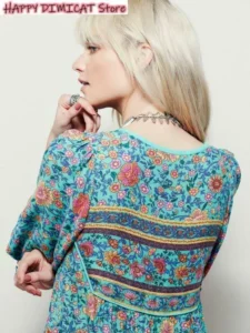 Women Dress Vintage 70S Hippie Deep V Neck Ethnic India Floral Bib Boho Festival Midi Dress - Image 5