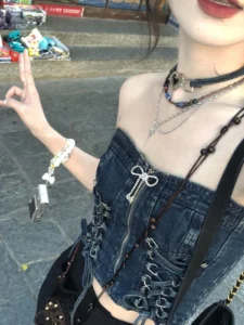Summer Vintage Y2k Sleeveless Crop Tops Women Backless Sexy Party Denim Corset Women Bandage Korean Fashion Casual Vest 2023 New - Image 2