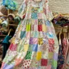 Cotton Linen Floral Patchwork Short Sleeve Midi Dress Summer Mori Girl Holiday Boho Hippie Gypsy Tribal Ibiza Tunic Long Dress - Image 2
