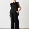 Oymimi Elegant Cotton Black Womens 2 Piece Outfit Set Fashion Single-Breasted Sleeveless Ruffled Shitrs And Simple Trousers Sets