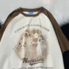 2023 Vintage Brown Raglan Sleeve Oversized T Shirts Cute Cats Printed Cotton Material Summer Tops Y2K Harajuku Korean Streetwear - Image 2