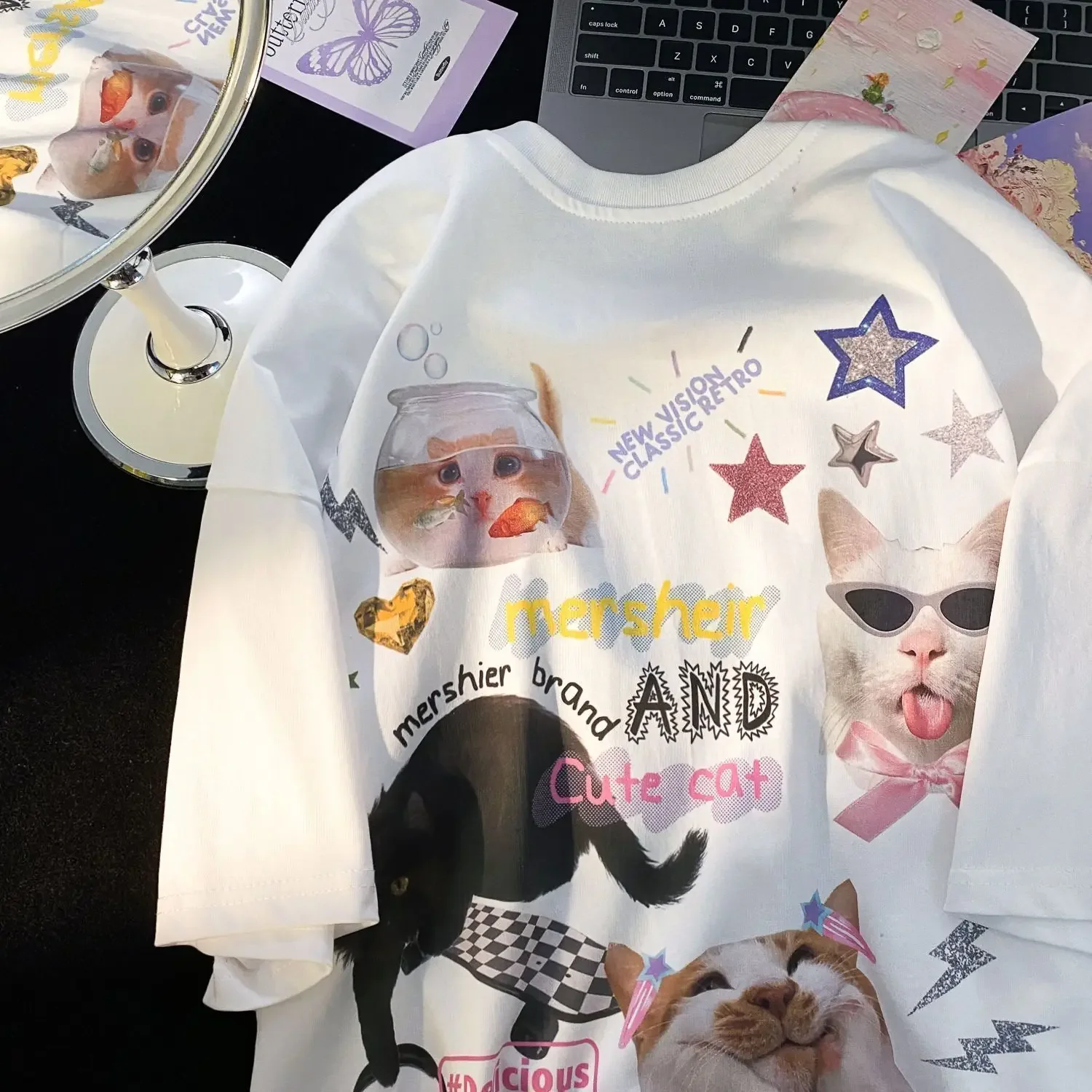American Fun Cat Letter Printing Pure Cotton Short Sleeve T-shirt for Men and Women Summer INS Loose Casual Couple Top Clothes